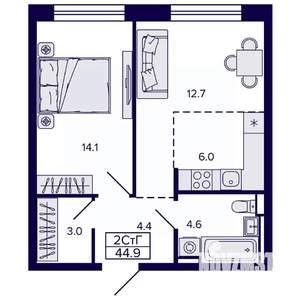 2-к квартира, строящийся дом, 45м2, 4/22 этаж