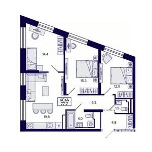 4-к квартира, строящийся дом, 78м2, 26/30 этаж