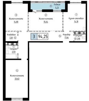 3-к квартира, вторичка, 94м2, 8/23 этаж