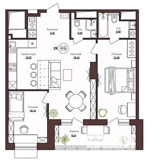 2-к квартира, вторичка, 71м2, 18/23 этаж