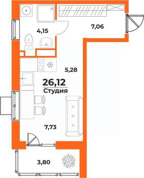 Студия квартира, вторичка, 26м2, 6/10 этаж
