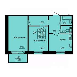 2-к квартира, вторичка, 55м2, 2/10 этаж