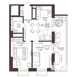2-к квартира, вторичка, 55м2, 20/23 этаж