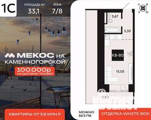 1-к квартира, вторичка, 33м2, 7/8 этаж