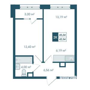 2-к квартира, строящийся дом, 45м2, 2/19 этаж