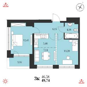 3-к квартира, строящийся дом, 50м2, 17/19 этаж