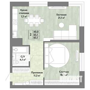 2-к квартира, строящийся дом, 63м2, 13/22 этаж