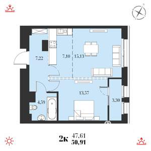 2-к квартира, строящийся дом, 51м2, 13/19 этаж