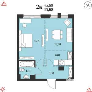 2-к квартира, строящийся дом, 46м2, 4/19 этаж