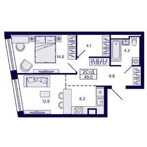 2-к квартира, строящийся дом, 49м2, 6/22 этаж