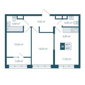3-к квартира, строящийся дом, 64м2, 15/19 этаж