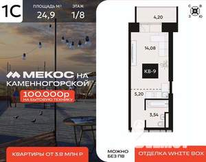 1-к квартира, вторичка, 25м2, 1/8 этаж