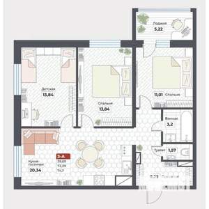 3-к квартира, строящийся дом, 75м2, 16/19 этаж