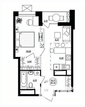 2-к квартира, строящийся дом, 40м2, 2/17 этаж