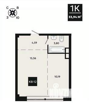 1-к квартира, вторичка, 34м2, 1/4 этаж