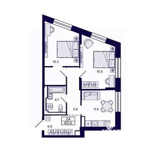 2-к квартира, строящийся дом, 61м2, 27/30 этаж