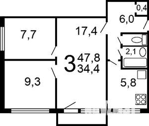 3-к квартира, вторичка, 48м2, 3/5 этаж