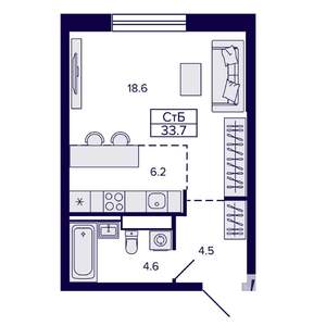 1-к квартира, строящийся дом, 34м2, 9/22 этаж