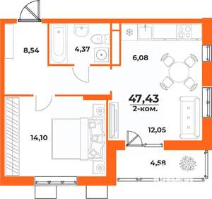 2-к квартира, вторичка, 47м2, 5/10 этаж