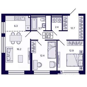 3-к квартира, строящийся дом, 66м2, 11/22 этаж