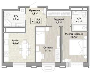 2-к квартира, строящийся дом, 54м2, 2/21 этаж
