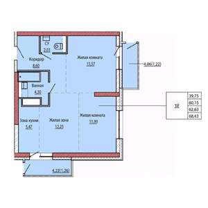 3-к квартира, строящийся дом, 63м2, 5/25 этаж