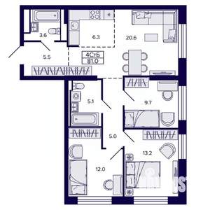 4-к квартира, строящийся дом, 81м2, 2/22 этаж