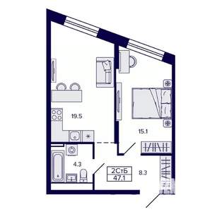 2-к квартира, строящийся дом, 47м2, 18/30 этаж