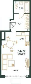 Студия квартира, вторичка, 34м2, 16/24 этаж