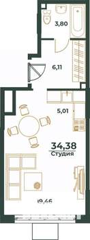 Студия квартира, вторичка, 34м2, 19/24 этаж