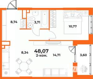 2-к квартира, вторичка, 48м2, 1/10 этаж