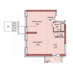 2-к квартира, строящийся дом, 61м2, 5/25 этаж