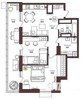 2-к квартира, строящийся дом, 70м2, 19/23 этаж