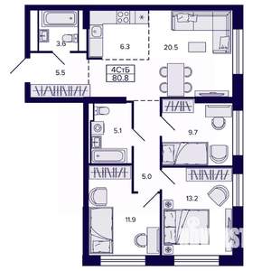 4-к квартира, строящийся дом, 81м2, 1/22 этаж