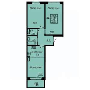 3-к квартира, строящийся дом, 59м2, 6/10 этаж