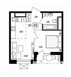 2-к квартира, строящийся дом, 34м2, 11/17 этаж