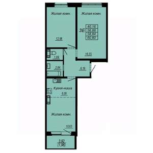 3-к квартира, строящийся дом, 59м2, 9/10 этаж