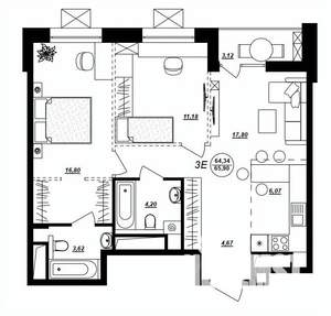 3-к квартира, строящийся дом, 66м2, 14/17 этаж