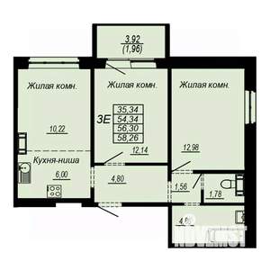 3-к квартира, строящийся дом, 56м2, 3/10 этаж