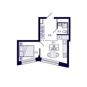 1-к квартира, строящийся дом, 29м2, 27/30 этаж