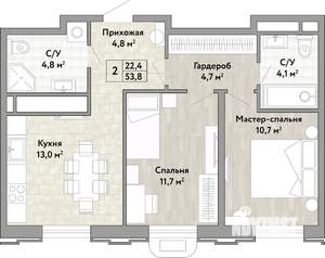 2-к квартира, вторичка, 54м2, 18/21 этаж