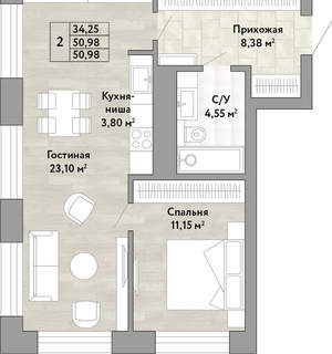 2-к квартира, вторичка, 51м2, 21/22 этаж