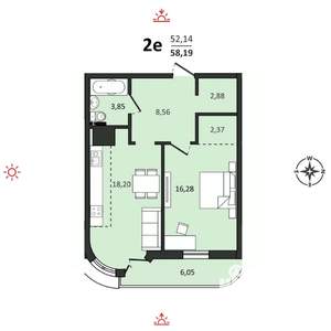 2-к квартира, строящийся дом, 58м2, 7/25 этаж