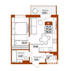 1-к квартира, вторичка, 39м2, 4/12 этаж