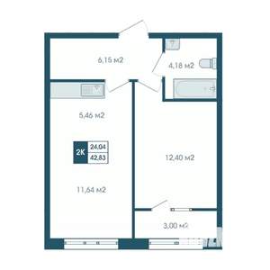 2-к квартира, строящийся дом, 43м2, 3/17 этаж