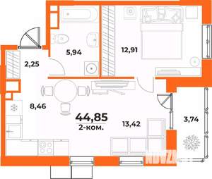 2-к квартира, вторичка, 45м2, 2/10 этаж