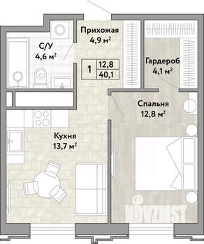 1-к квартира, вторичка, 40м2, 8/21 этаж