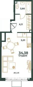 Студия квартира, вторичка, 34м2, 12/24 этаж