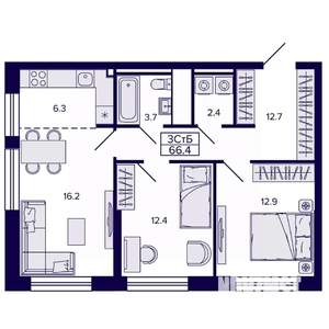 3-к квартира, строящийся дом, 66м2, 13/22 этаж