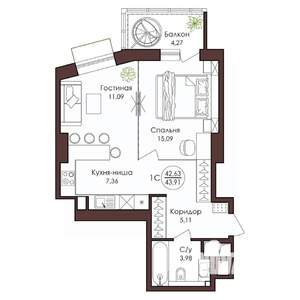 1-к квартира, вторичка, 44м2, 15/23 этаж